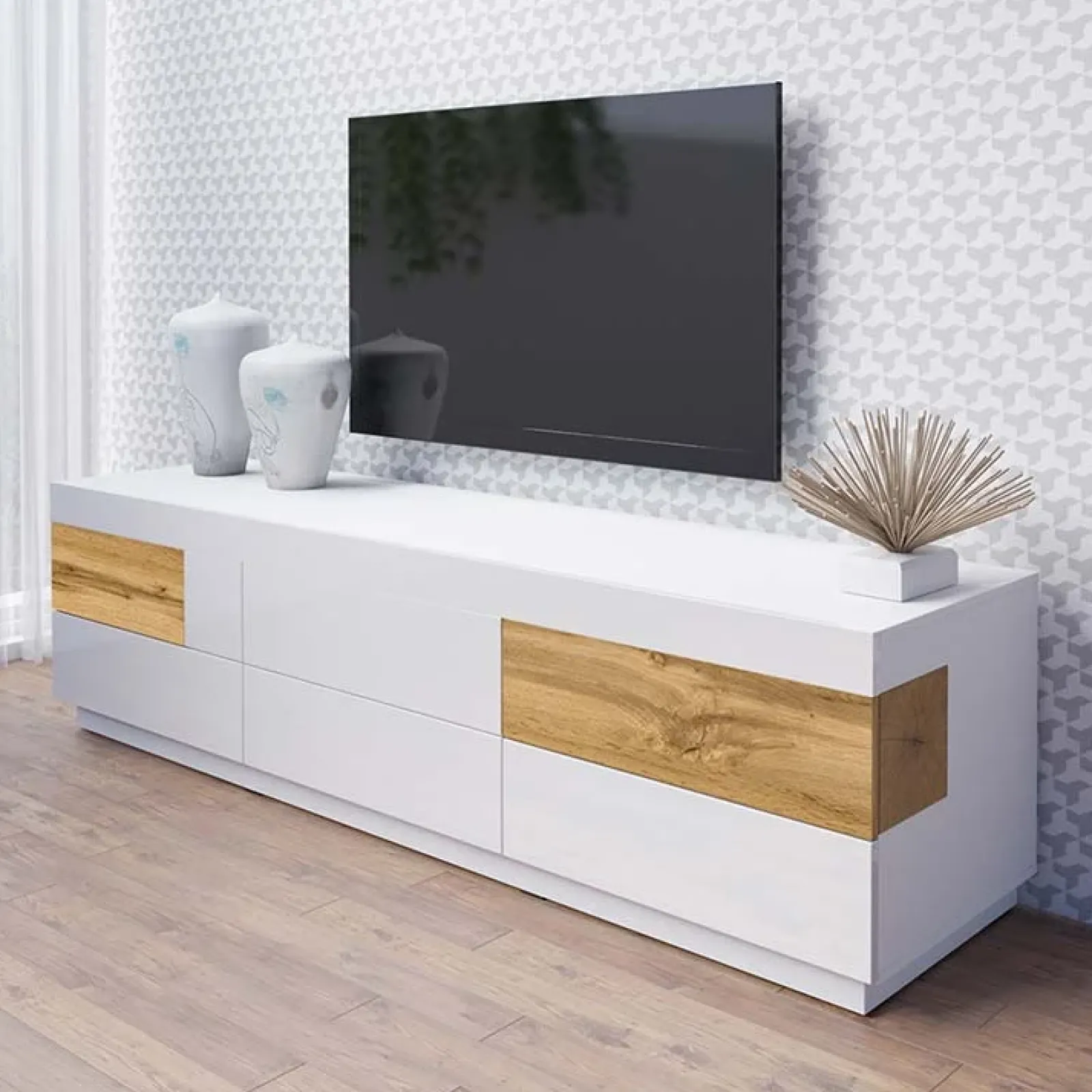 Garnero Arredamenti Mobile Tv Basso|Mobili Tv Moderni-Mobile porta TV 206x54h cm 6 cassetti bianco lucido rovere Bahama Bianco Lucido - Rovere Rustico