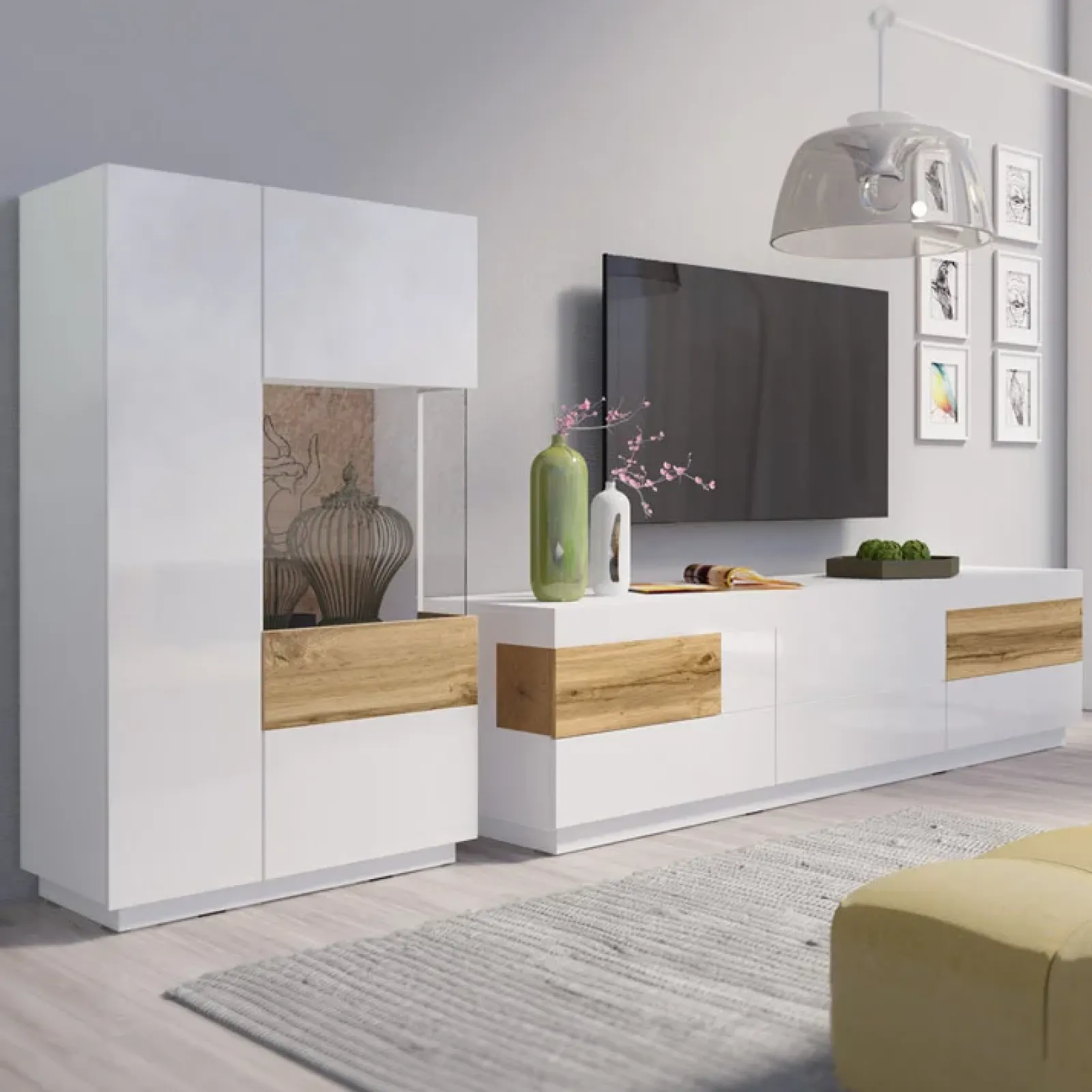Garnero Arredamenti Mobile Tv Basso|Mobili Tv Moderni-Mobile porta TV 206x54h cm 6 cassetti bianco lucido rovere Bahama Bianco Lucido - Rovere Rustico