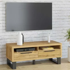 Garnero Arredamenti Mobile Tv In Legno|Mobile Tv Basso-Mobile porta TV 124x50h cm 2 cassetti quercia metallo nero Petra