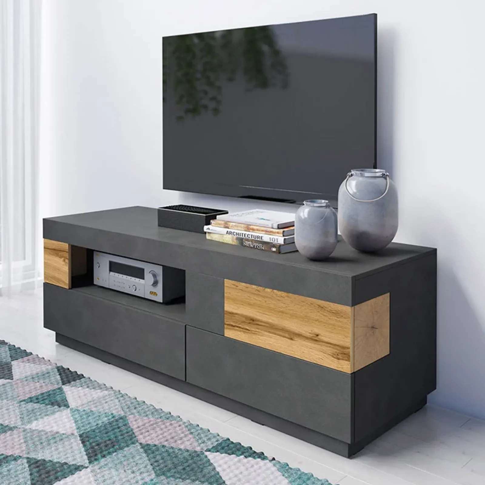 Garnero Arredamenti Mobile Tv Basso|Mobili Tv Moderni-Mobile porta TV 160x54h cm 2 cassetti antracite rovere Bahama