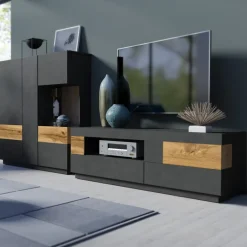 Garnero Arredamenti Mobile Tv Basso|Mobili Tv Moderni-Mobile porta TV 160x54h cm 2 cassetti antracite rovere Bahama