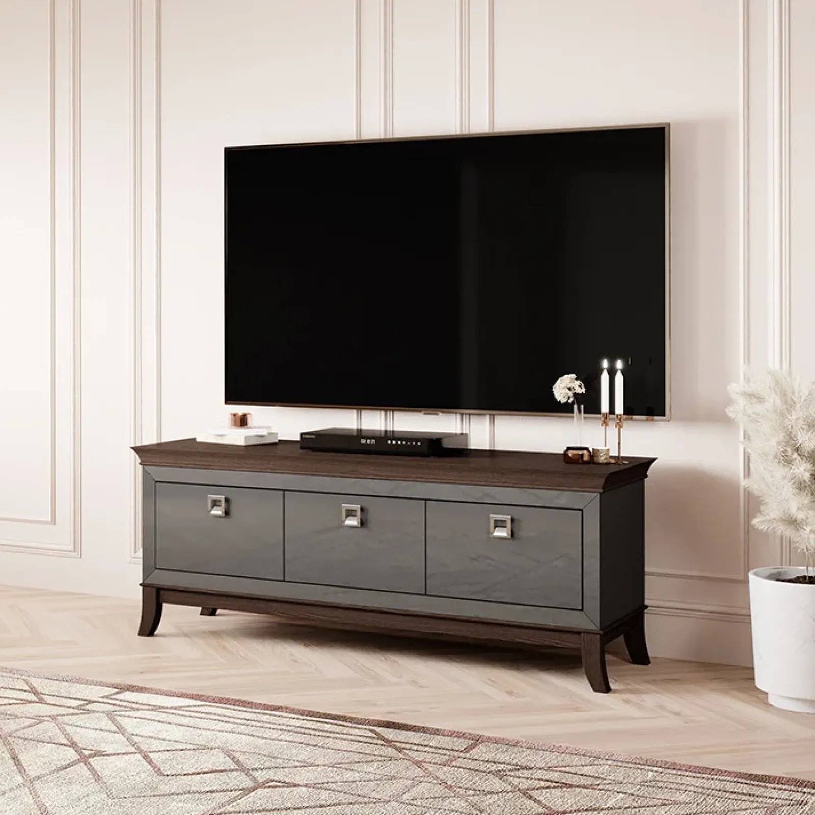 Garnero Arredamenti Mobile Tv In Legno|Mobili Tv Moderni-Mobile porta TV 160x63h cm 3 cassetti moderno antracite lucido rovere scuro Umag
