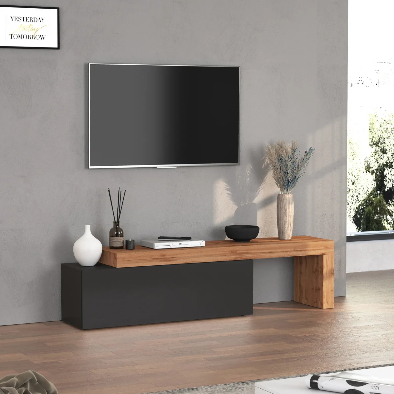 Garnero Arredamenti Mobile Tv Basso|Mobili Tv Moderni-Mobile porta tv 220x51h cm antracite rovere Block Antracite - Rovere