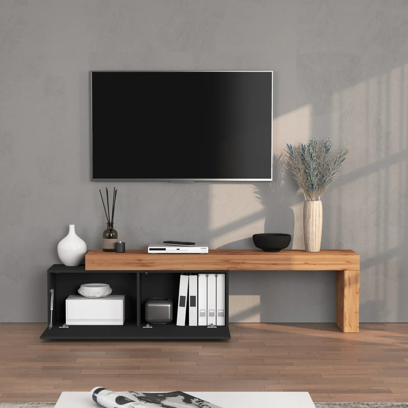 Garnero Arredamenti Mobile Tv Basso|Mobili Tv Moderni-Mobile porta tv 220x51h cm antracite rovere Block Antracite - Rovere