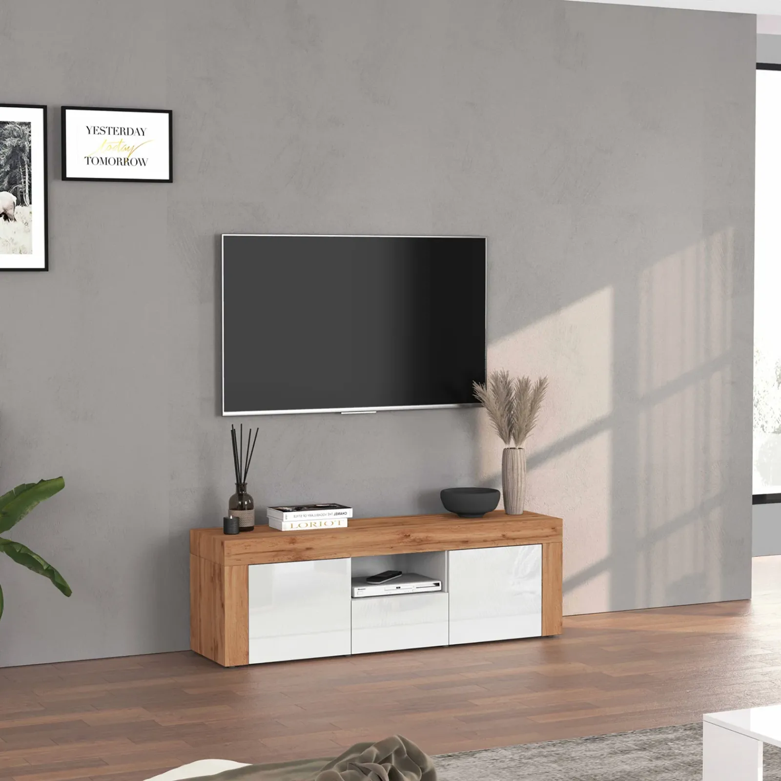 Garnero Arredamenti Mobile Tv Basso|Mobili Tv Moderni-Mobile porta tv 155x51h cm bianco lucido rovere Block Bianco Lucido - Rovere