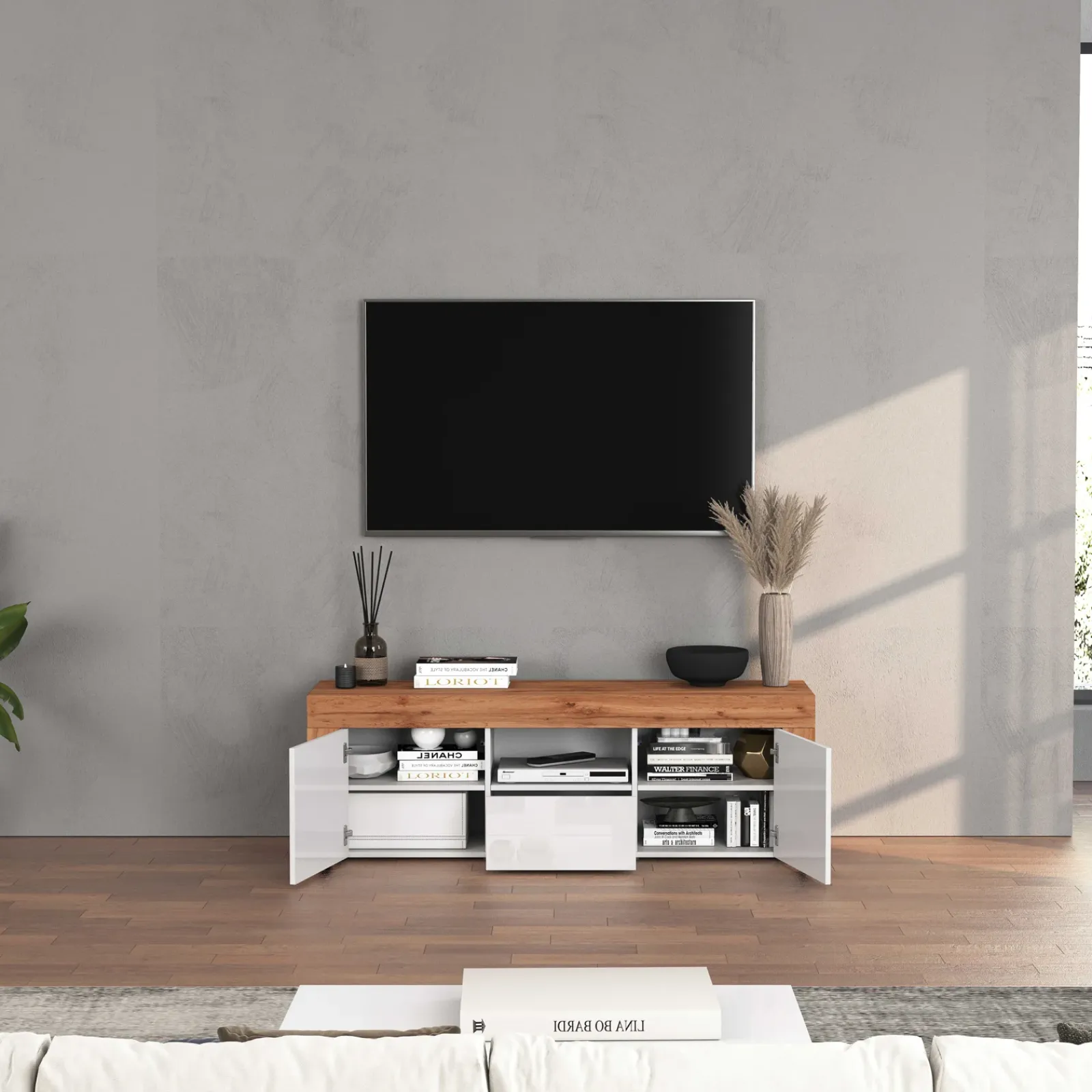 Garnero Arredamenti Mobile Tv Basso|Mobili Tv Moderni-Mobile porta tv 155x51h cm bianco lucido rovere Block Bianco Lucido - Rovere