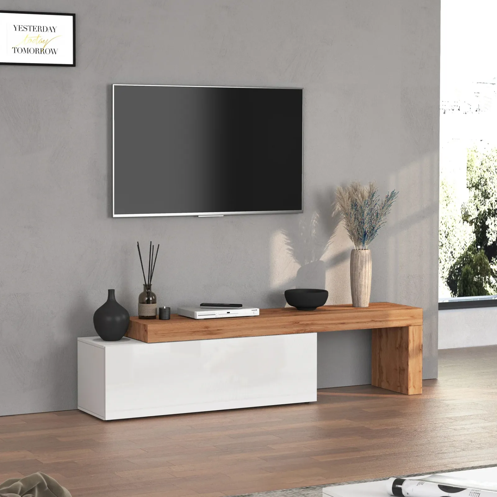 Garnero Arredamenti Mobile Tv Basso|Mobili Tv Moderni-Mobile porta tv 220x51h cm bianco lucido rovere Block Bianco Lucido - Rovere