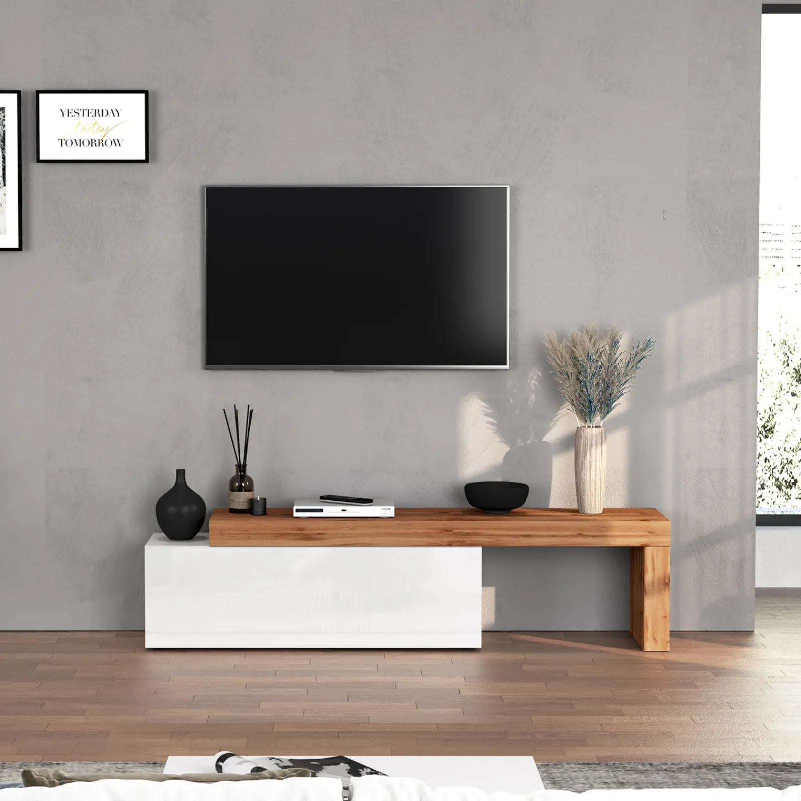 Garnero Arredamenti Mobile Tv Basso|Mobili Tv Moderni-Mobile porta tv 220x51h cm bianco lucido rovere Block Bianco Lucido - Rovere