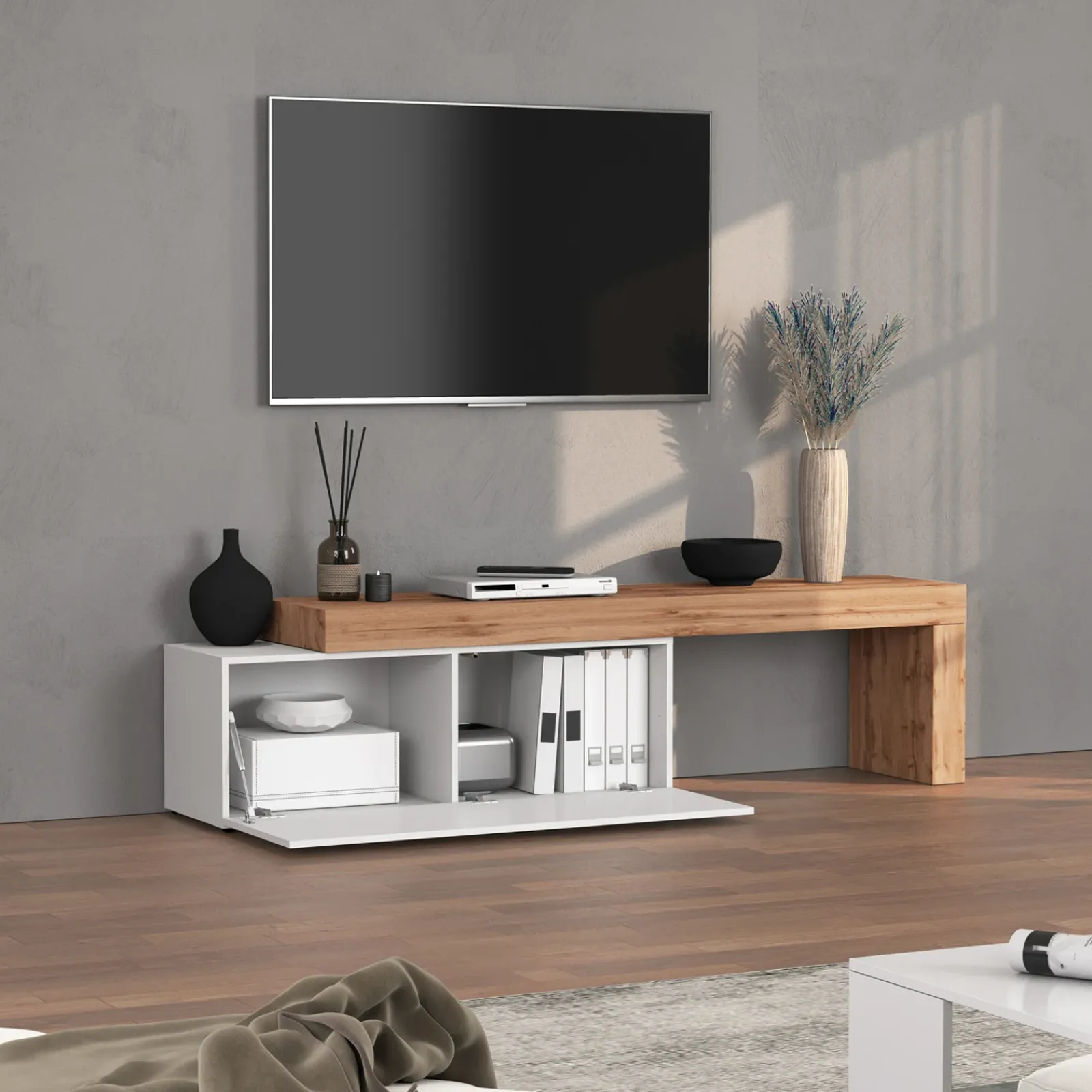 Garnero Arredamenti Mobile Tv Basso|Mobili Tv Moderni-Mobile porta tv 220x51h cm bianco lucido rovere Block Bianco Lucido - Rovere