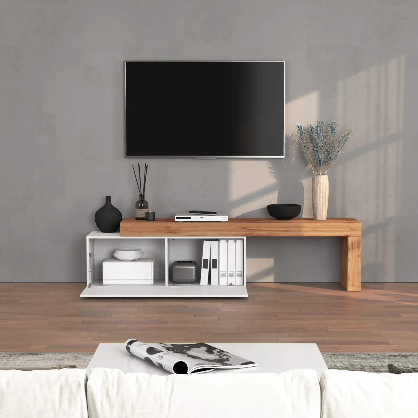 Garnero Arredamenti Mobile Tv Basso|Mobili Tv Moderni-Mobile porta tv 220x51h cm bianco lucido rovere Block Bianco Lucido - Rovere