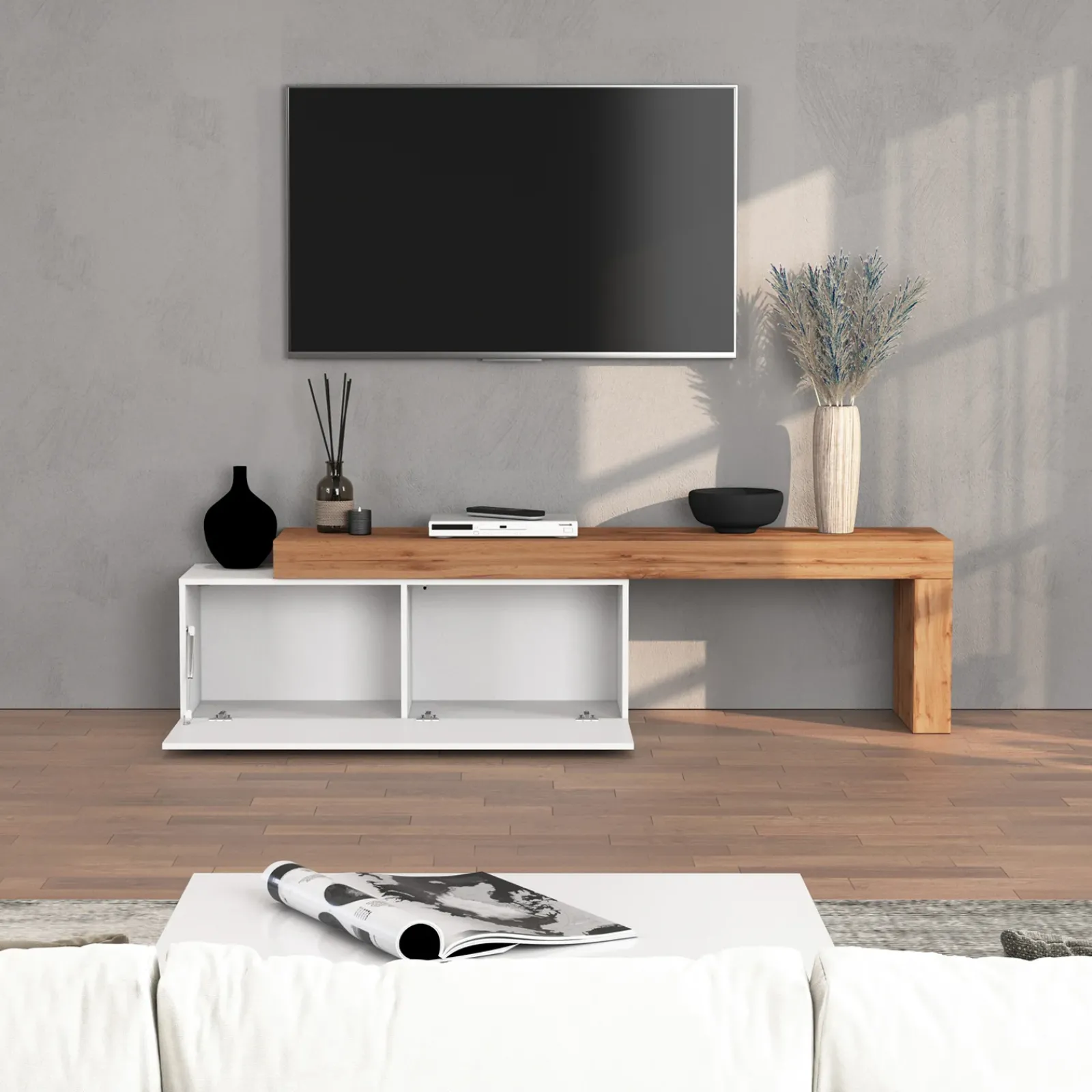 Garnero Arredamenti Mobile Tv Basso|Mobili Tv Moderni-Mobile porta tv 220x51h cm bianco lucido rovere Block Bianco Lucido - Rovere