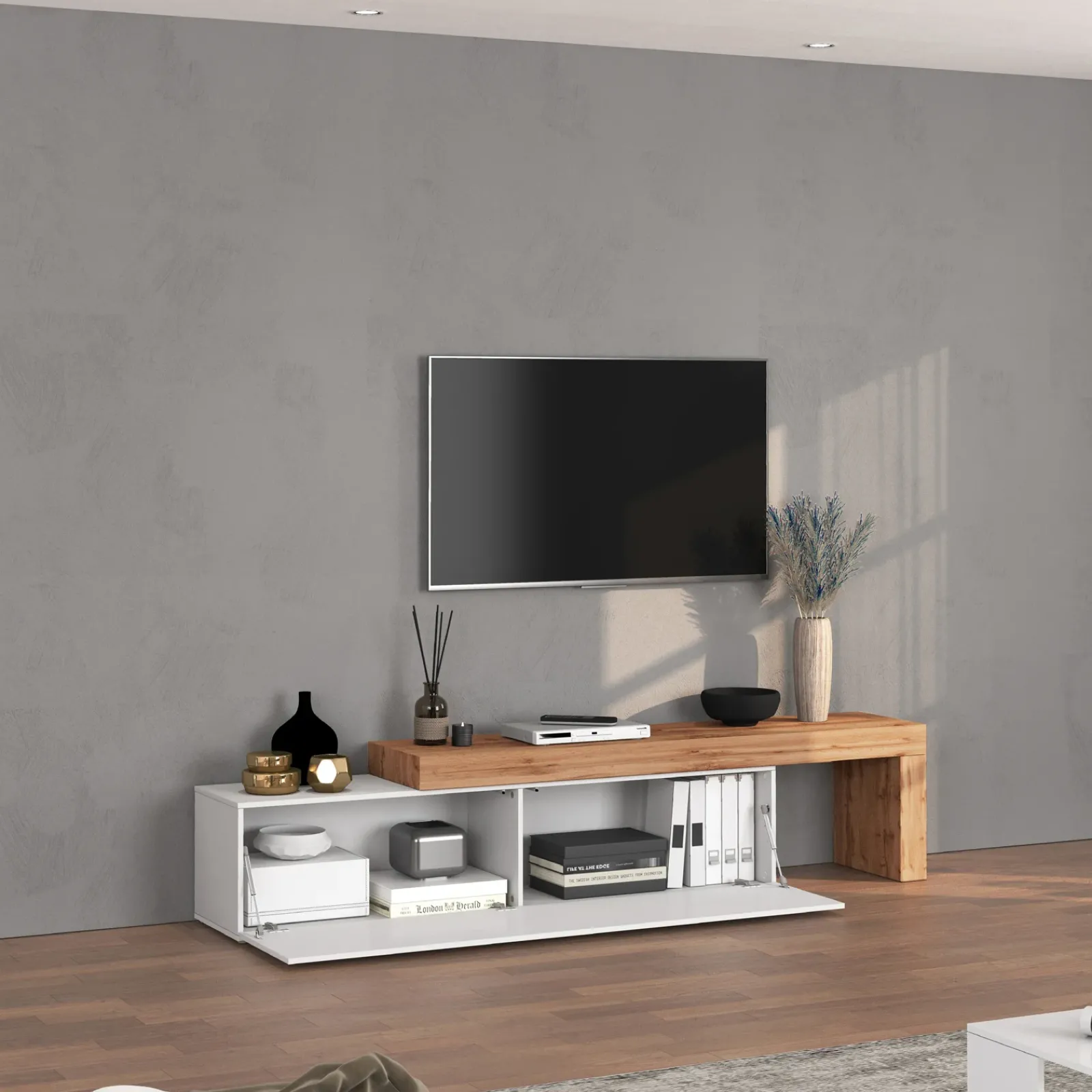 Garnero Arredamenti Mobile Tv Basso|Mobili Tv Moderni-Mobile porta tv 230x51h cm bianco lucido rovere Block Bianco Lucido - Rovere