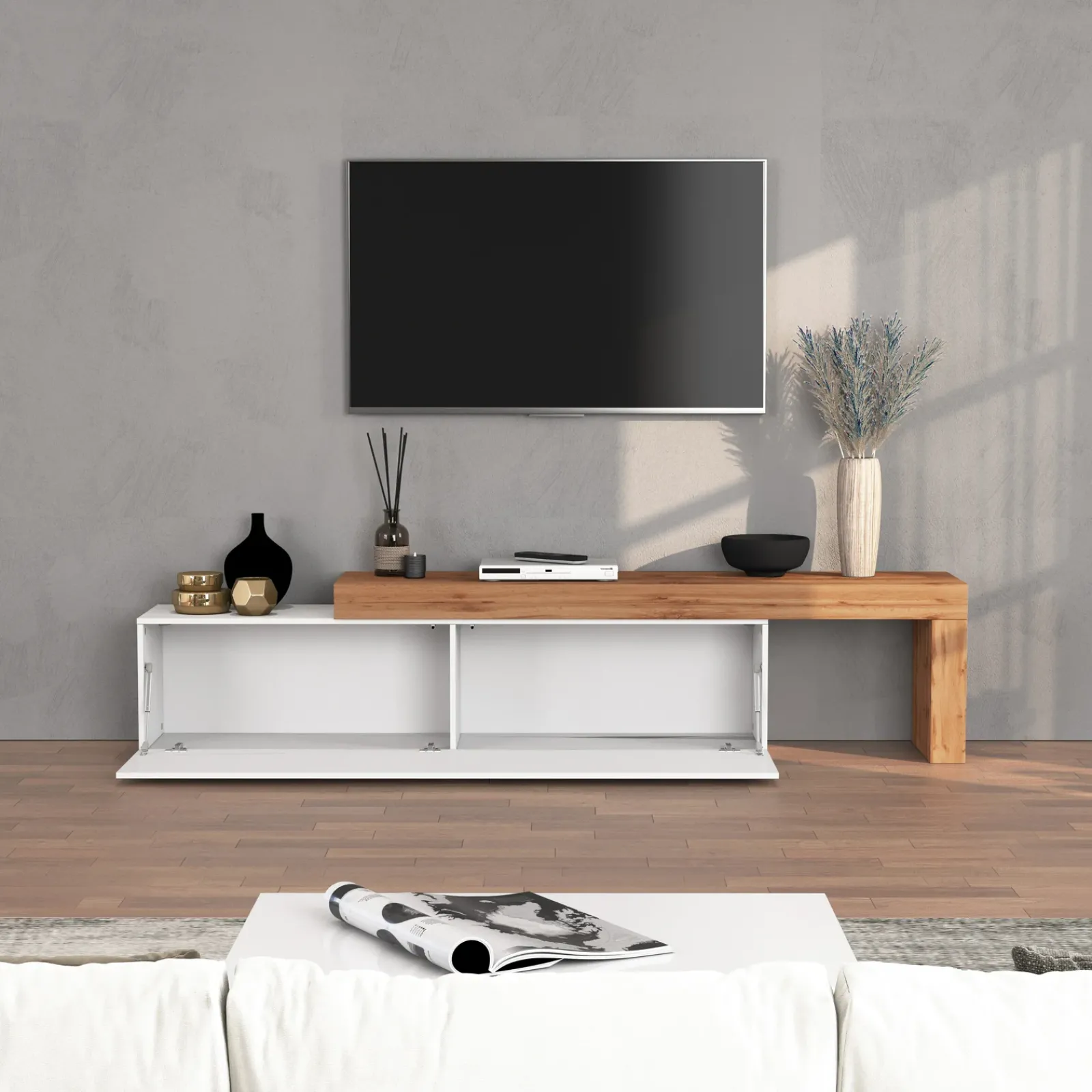 Garnero Arredamenti Mobile Tv Basso|Mobili Tv Moderni-Mobile porta tv 230x51h cm bianco lucido rovere Block Bianco Lucido - Rovere