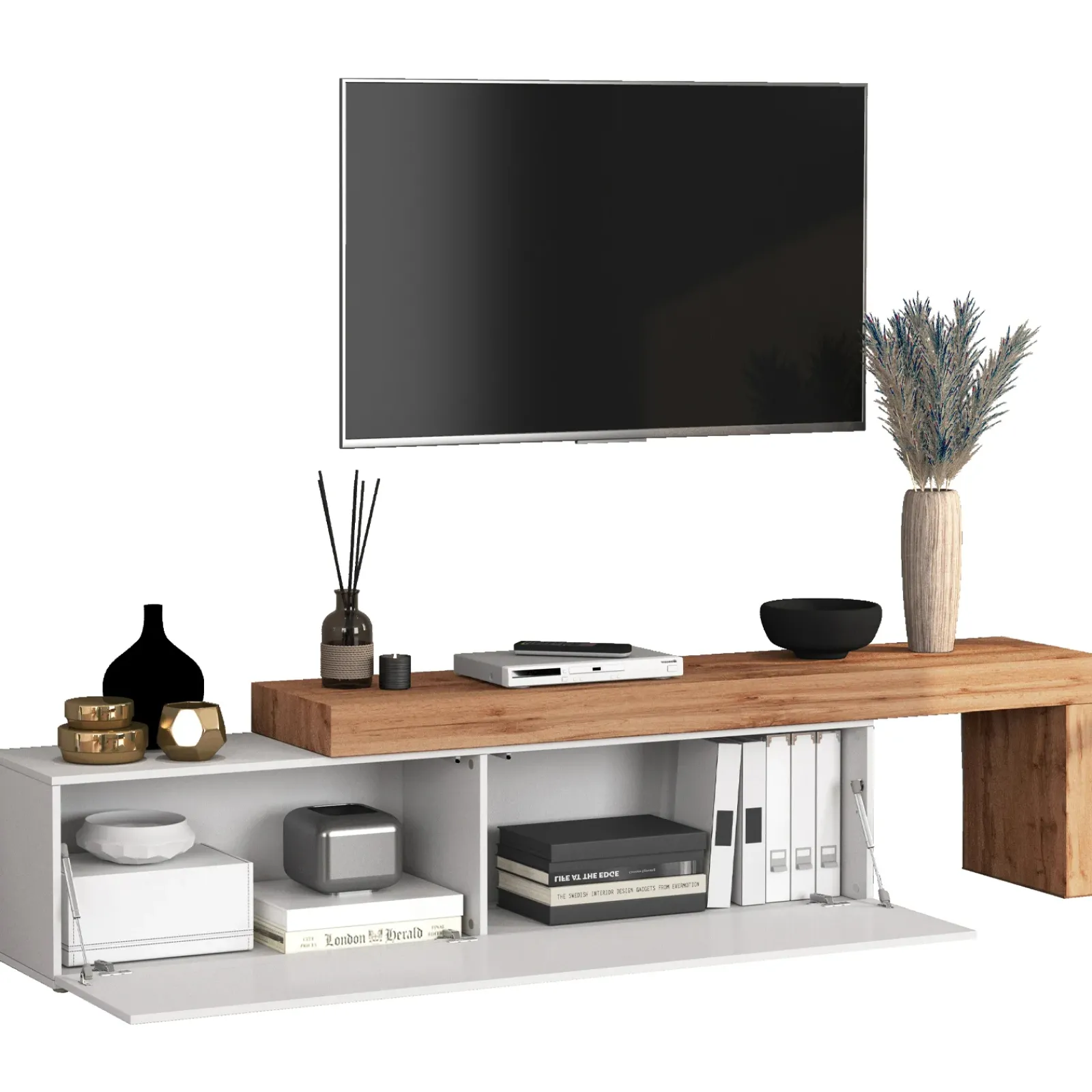 Garnero Arredamenti Mobile Tv Basso|Mobili Tv Moderni-Mobile porta tv 230x51h cm bianco lucido rovere Block Bianco Lucido - Rovere