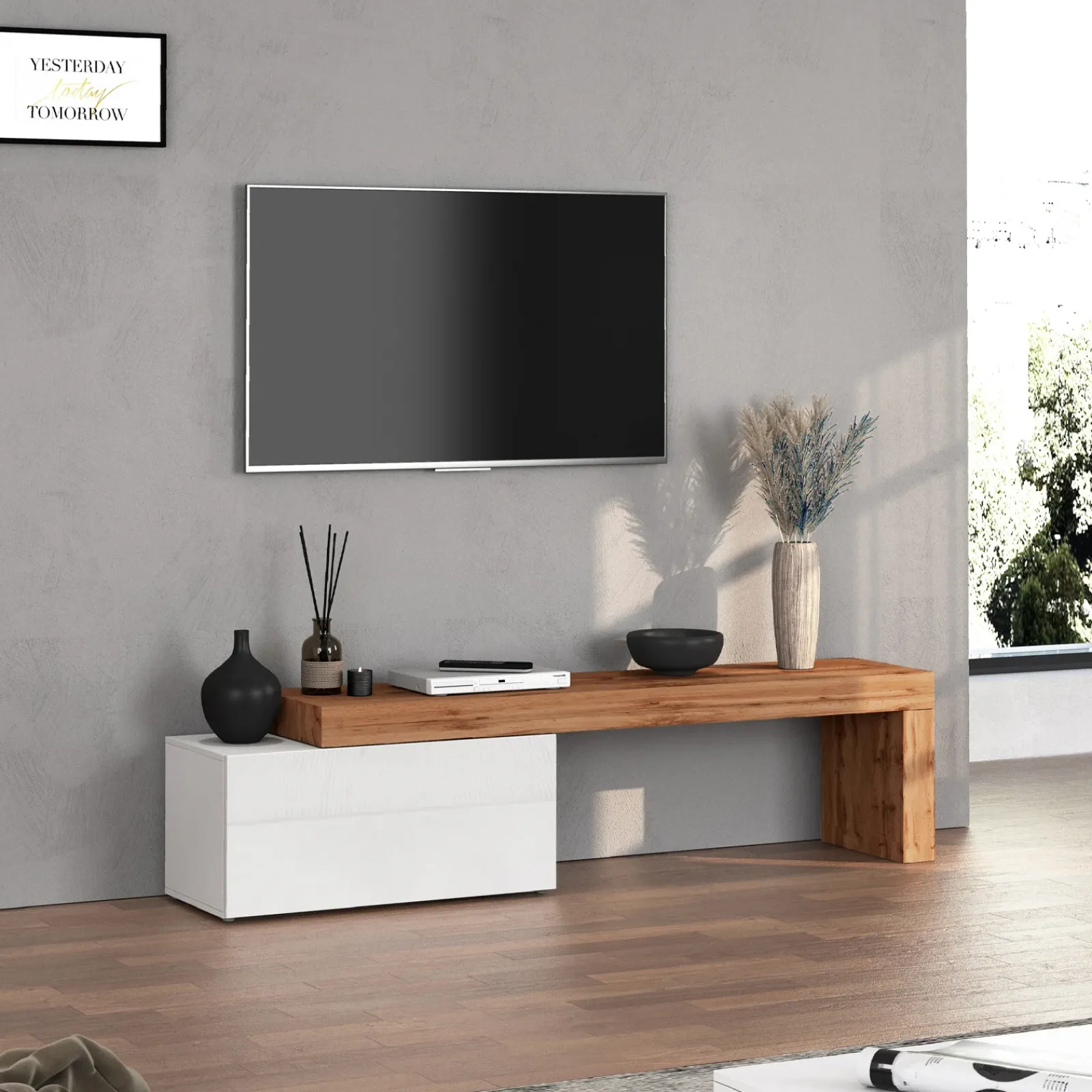 Garnero Arredamenti Mobile Tv Basso|Mobili Tv Moderni-Mobile porta tv 210x51h cm bianco lucido rovere Block Bianco Lucido - Rovere