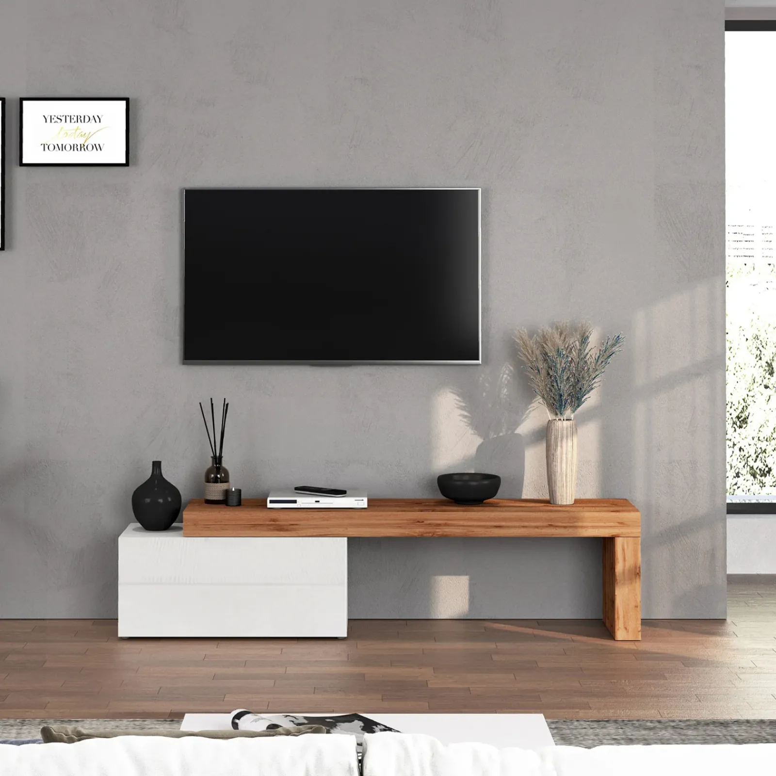 Garnero Arredamenti Mobile Tv Basso|Mobili Tv Moderni-Mobile porta tv 210x51h cm bianco lucido rovere Block Bianco Lucido - Rovere