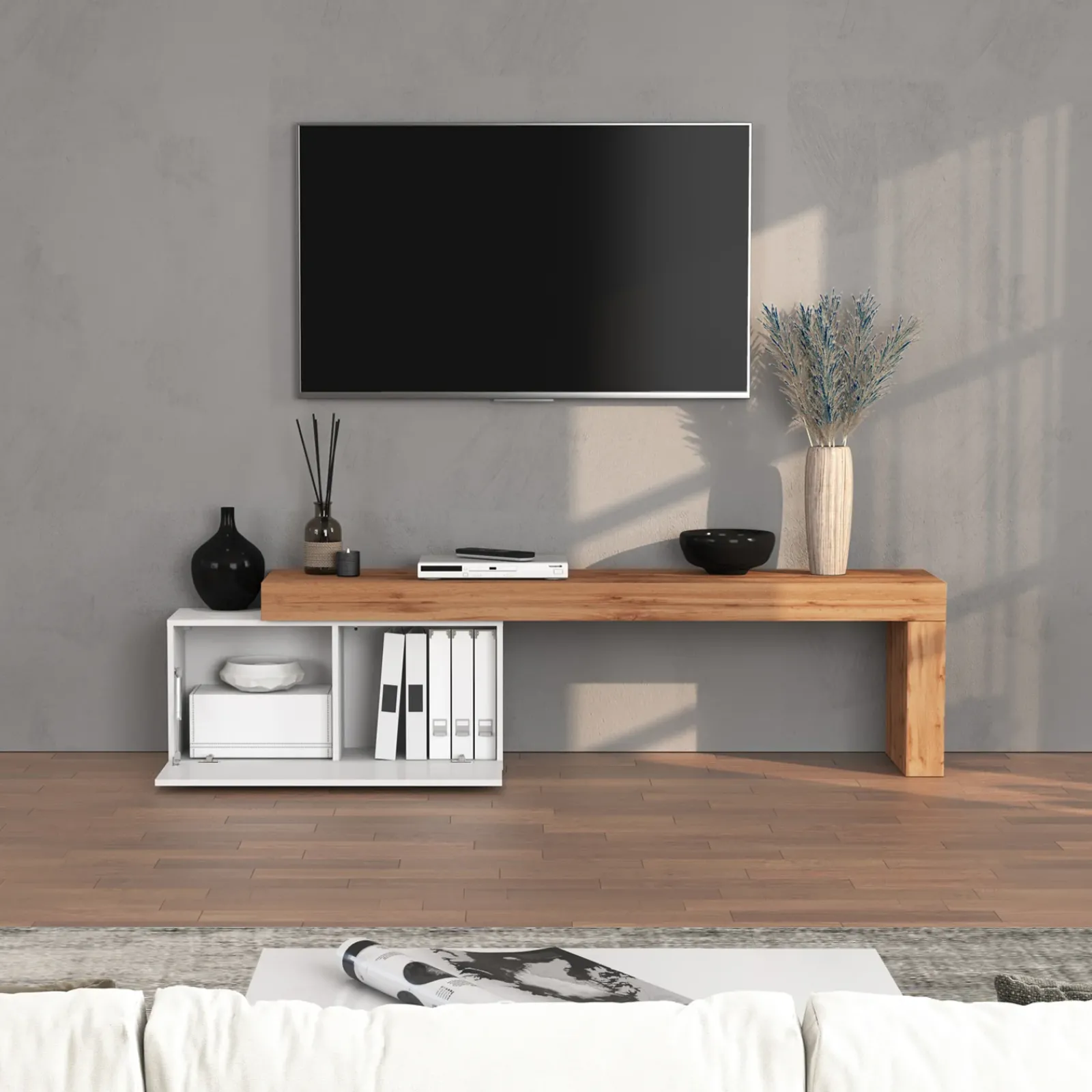 Garnero Arredamenti Mobile Tv Basso|Mobili Tv Moderni-Mobile porta tv 210x51h cm bianco lucido rovere Block Bianco Lucido - Rovere