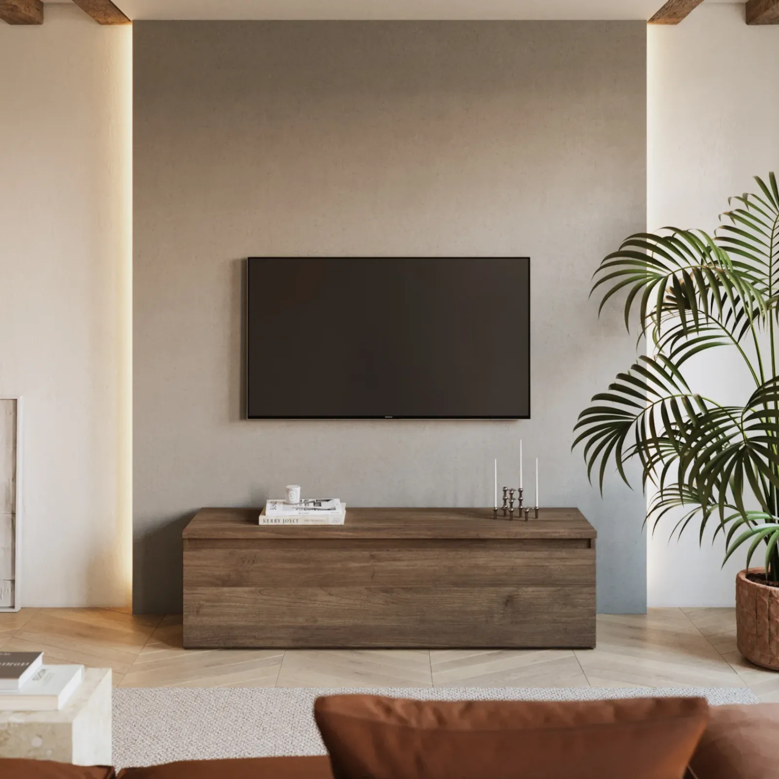 Garnero Arredamenti Mobile Tv In Legno|Mobili Tv Moderni-Mobile porta TV 138x40h cm con cassettone rovere scuro Sunset Noce