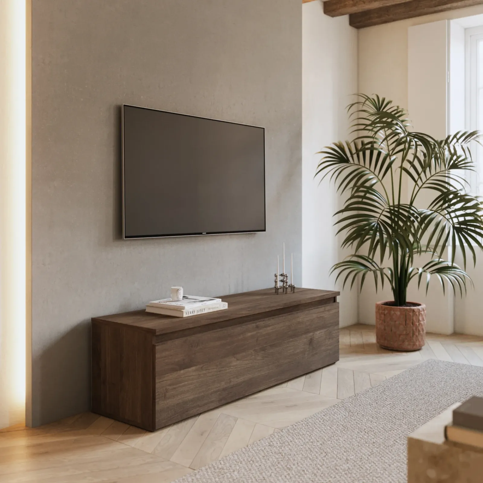 Garnero Arredamenti Mobile Tv In Legno|Mobili Tv Moderni-Mobile porta TV 138x40h cm con cassettone rovere scuro Sunset Noce