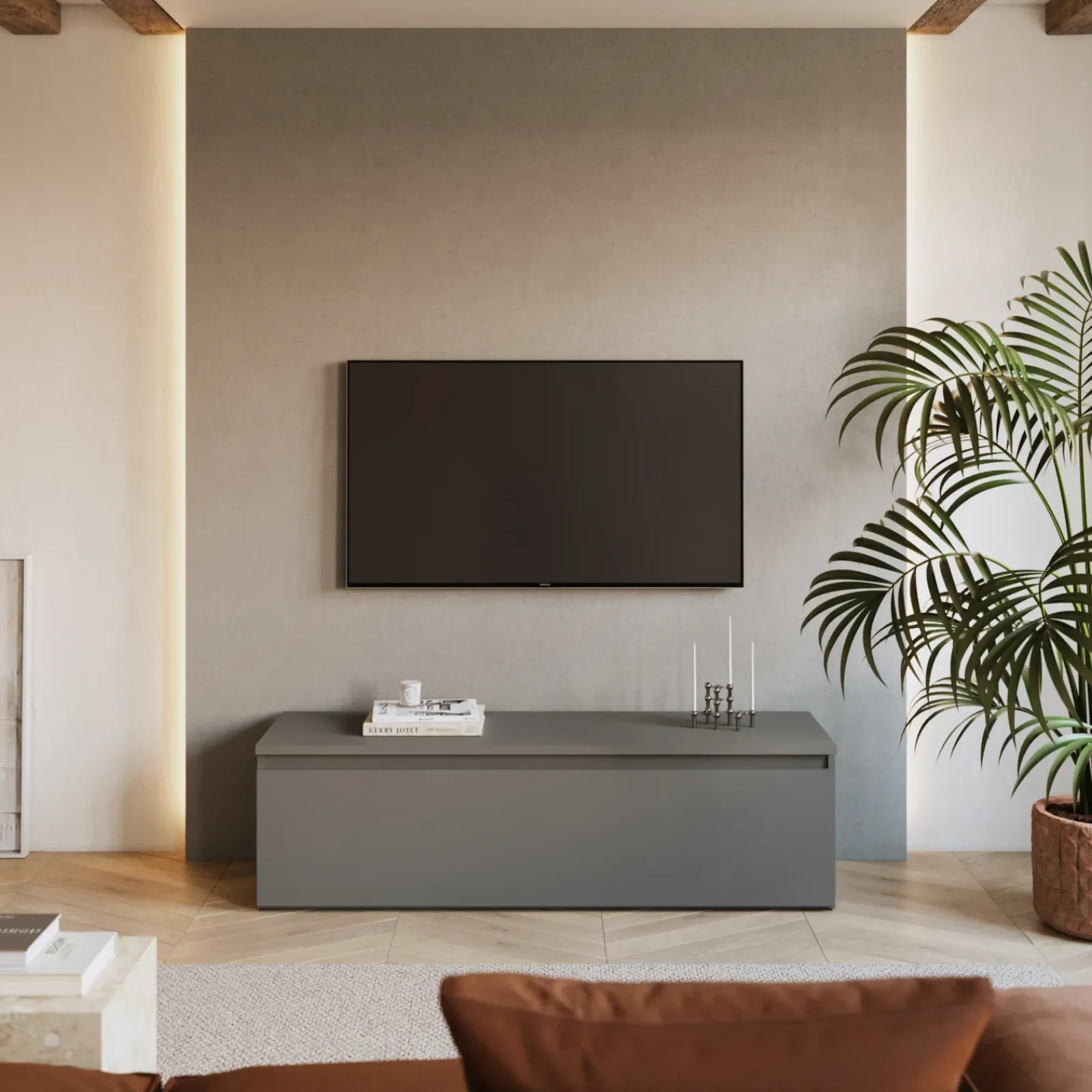 Garnero Arredamenti Mobile Tv Basso|Mobili Tv Moderni-Mobile porta TV 138x40h cm con cassettone Sunset Grigio scuro