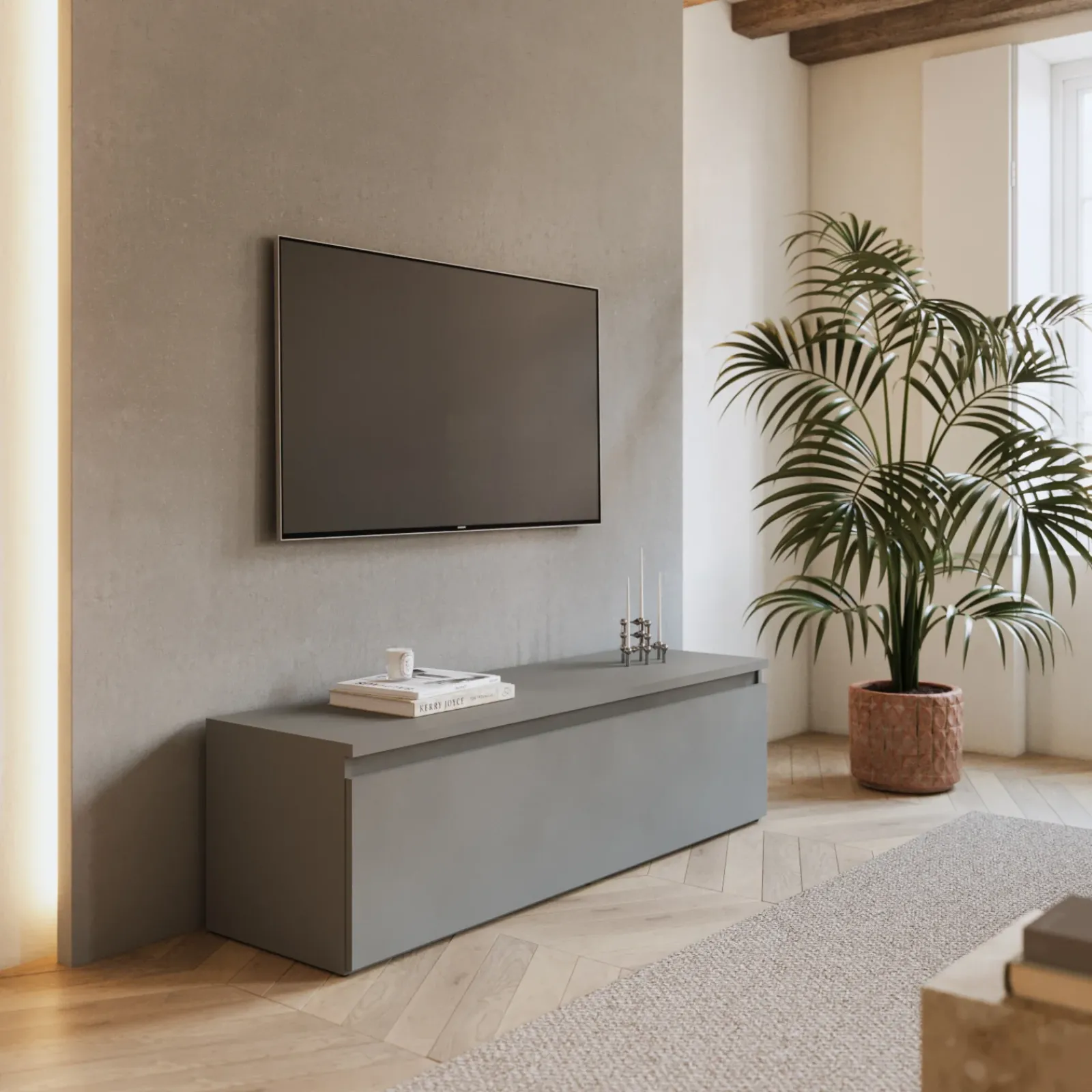 Garnero Arredamenti Mobile Tv Basso|Mobili Tv Moderni-Mobile porta TV 138x40h cm con cassettone Sunset Grigio scuro