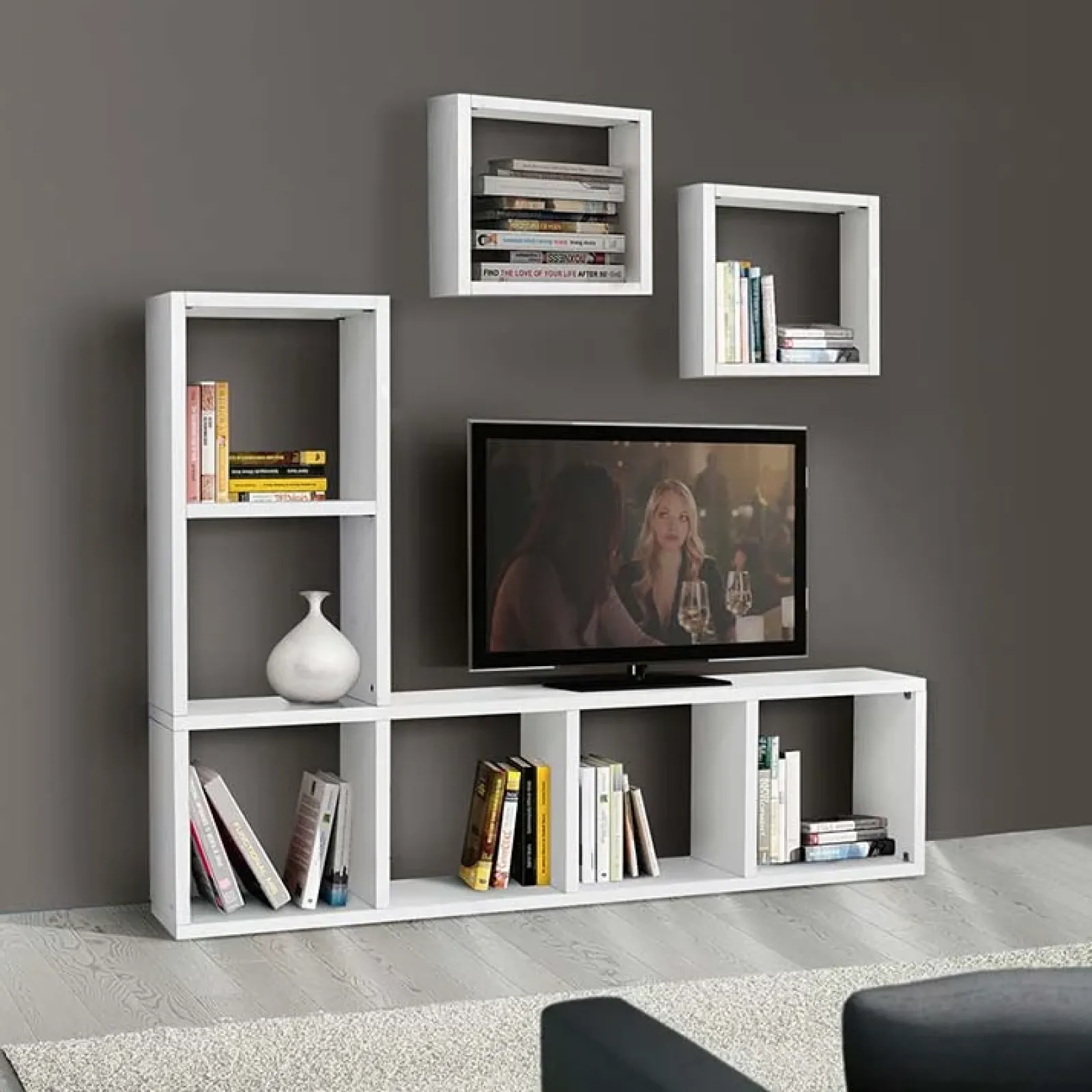 Garnero Arredamenti Librerie Ufficio|Librerie-Mobile porta tv 175x132h cm con libreria bianco frassinato Kubic 02