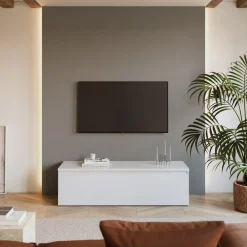 Garnero Arredamenti Mobile Tv In Legno|Mobile Tv Basso-Mobile porta TV 138x40h cm con cassettone Sunset Bianco Lucido