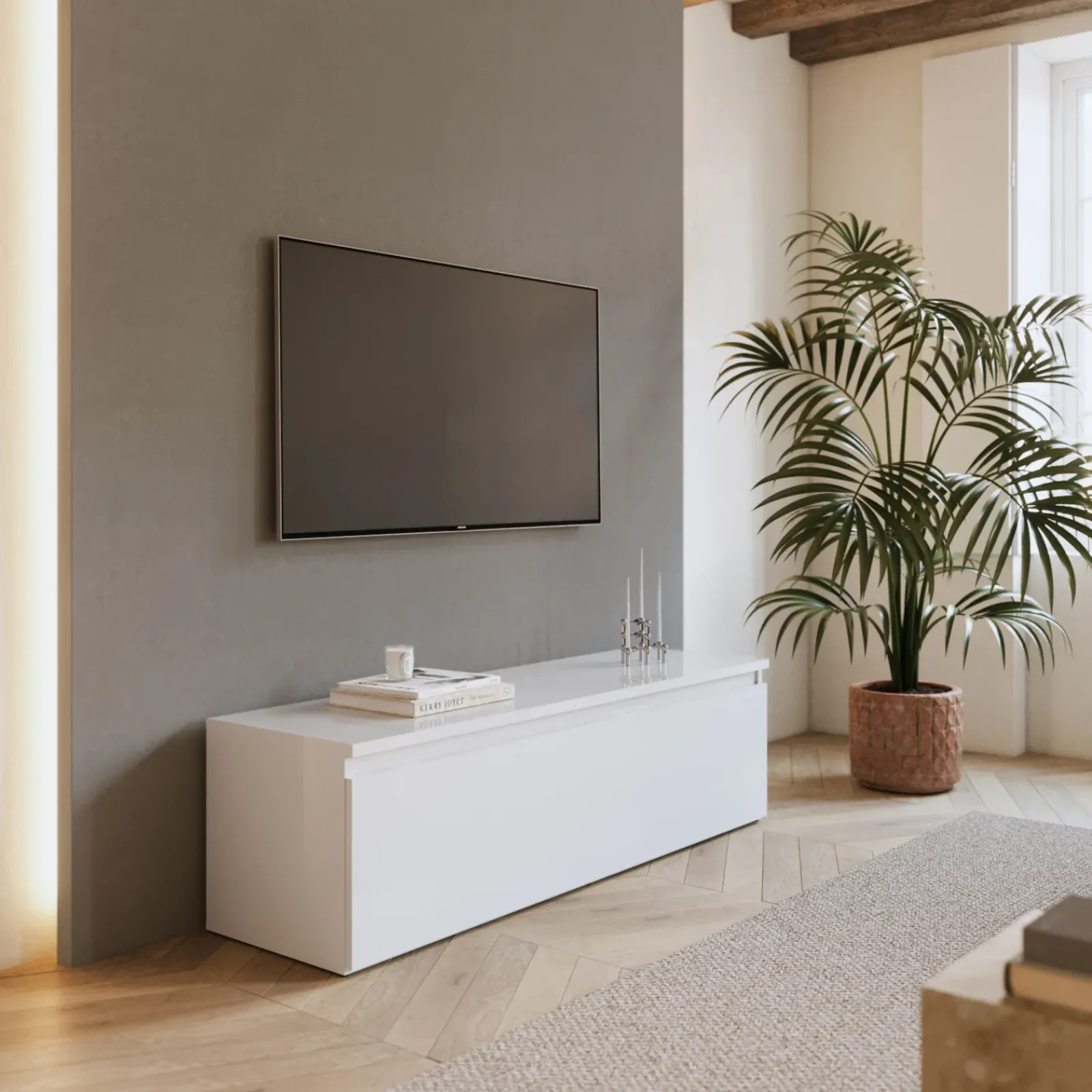 Garnero Arredamenti Mobile Tv In Legno|Mobile Tv Basso-Mobile porta TV 138x40h cm con cassettone Sunset Bianco Lucido
