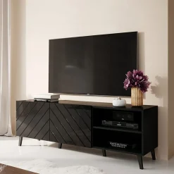 Garnero Arredamenti Mobile Tv Basso|Mobili Tv Moderni-Mobile porta TV 150x52h cm con frontale decorato nero lucido Placida