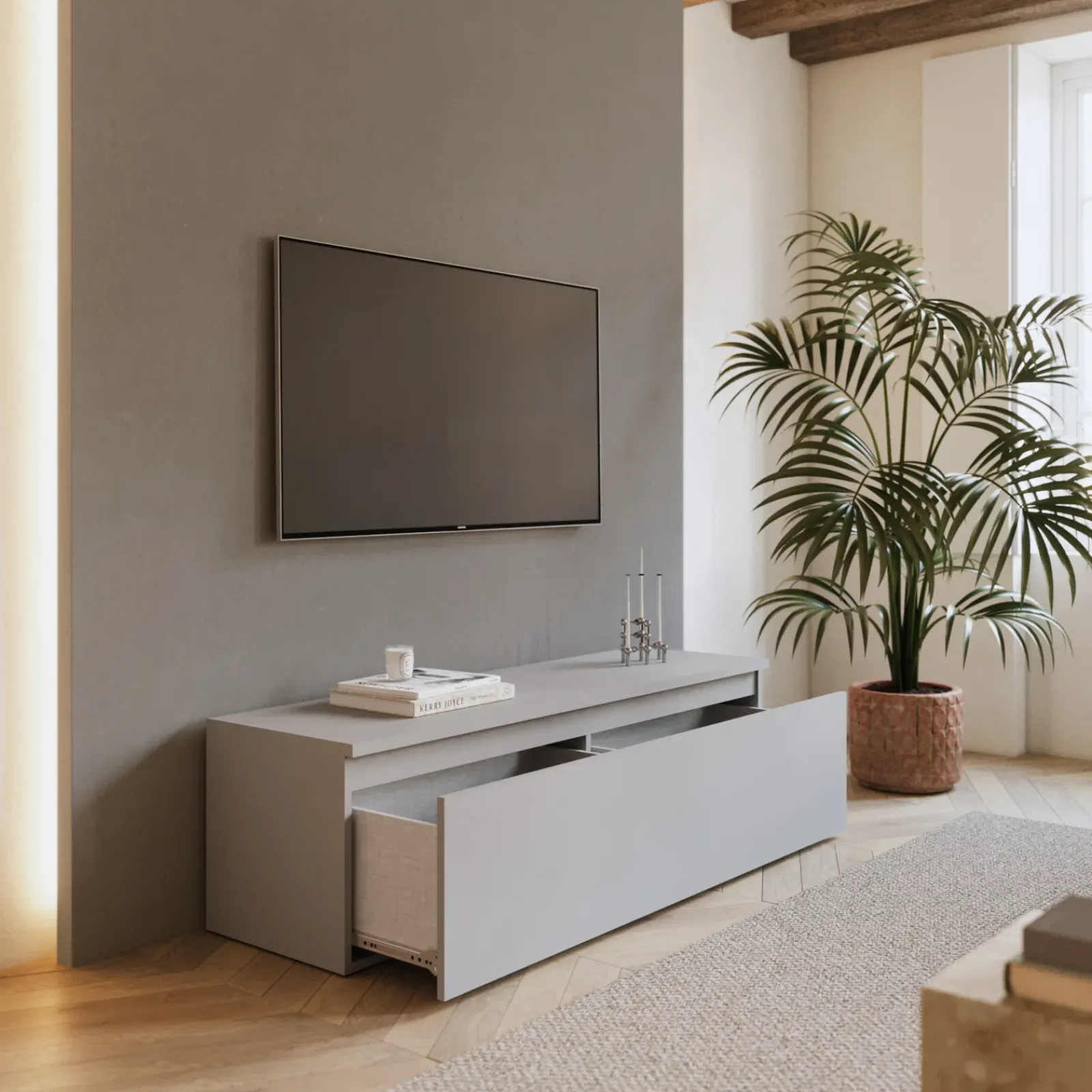 Garnero Arredamenti Mobile Tv In Legno|Mobile Tv Basso-Mobile porta TV 138x40h cm con cassettone Sunset Grigio chiaro