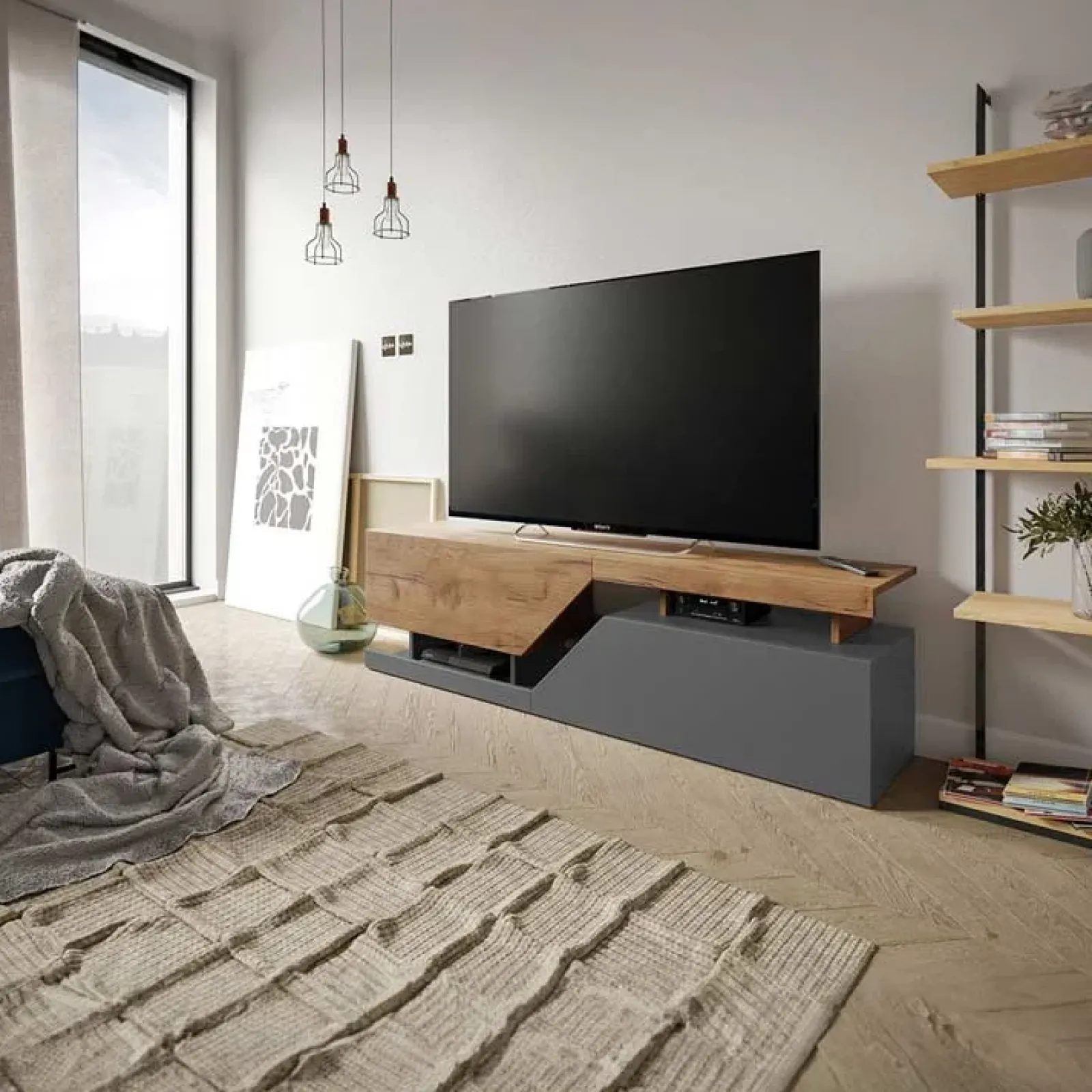 Garnero Arredamenti Mobili Tv Moderni|Mobile Tv Moderno-Mobile porta TV 160x46h cm design moderno rovere antracite Modesta Antracite - Rovere