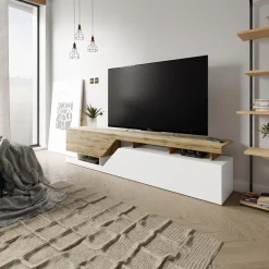 Garnero Arredamenti Mobile Tv Basso|Mobili Tv Moderni-Mobile porta TV 200x47h cm design moderno rovere bianco Modesta Bianco Opaco - Rovere