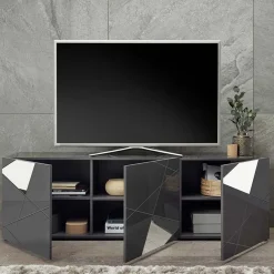 Garnero Arredamenti Mobile Tv Basso|Mobili Tv Moderni-Mobile porta TV 181x57h cm grigio lucido specchio con serigrafia Olimpo Antracite
