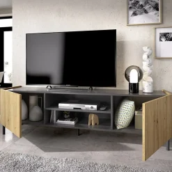 Garnero Arredamenti Mobile Tv In Legno|Mobile Tv Basso-Mobile porta TV 161x45h cm legno rovere grafite Mino