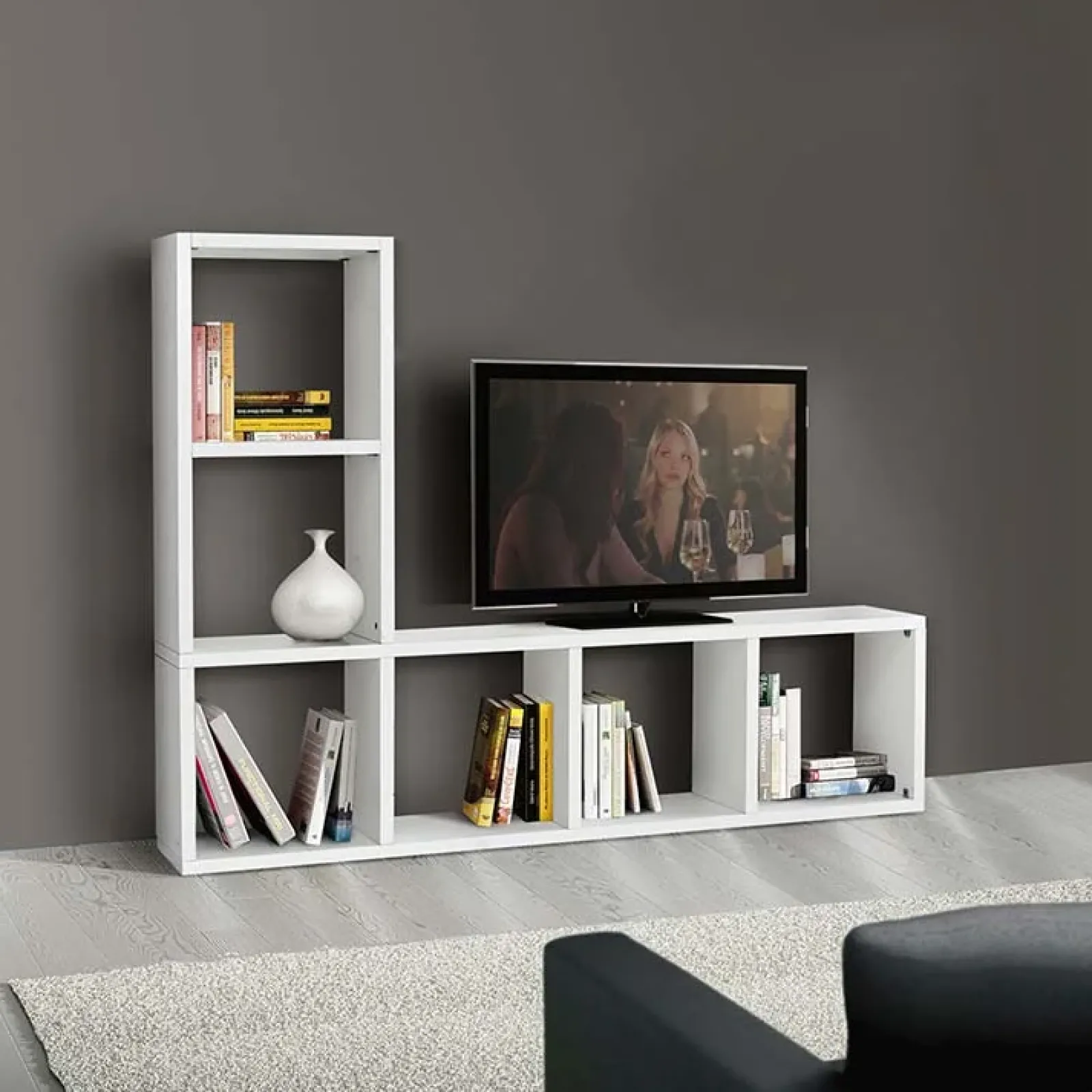 Garnero Arredamenti Librerie Ufficio|Librerie-Mobile porta TV 175x132h cm libreria componibile bianco frassinato Kubic 06