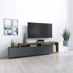 Garnero Arredamenti Mobile Tv Basso|Mobili Tv Moderni-Mobile porta TV 219x52h cm moderno soggiorno antracite spatolato noce Megan Gihome® Antracite - Noce