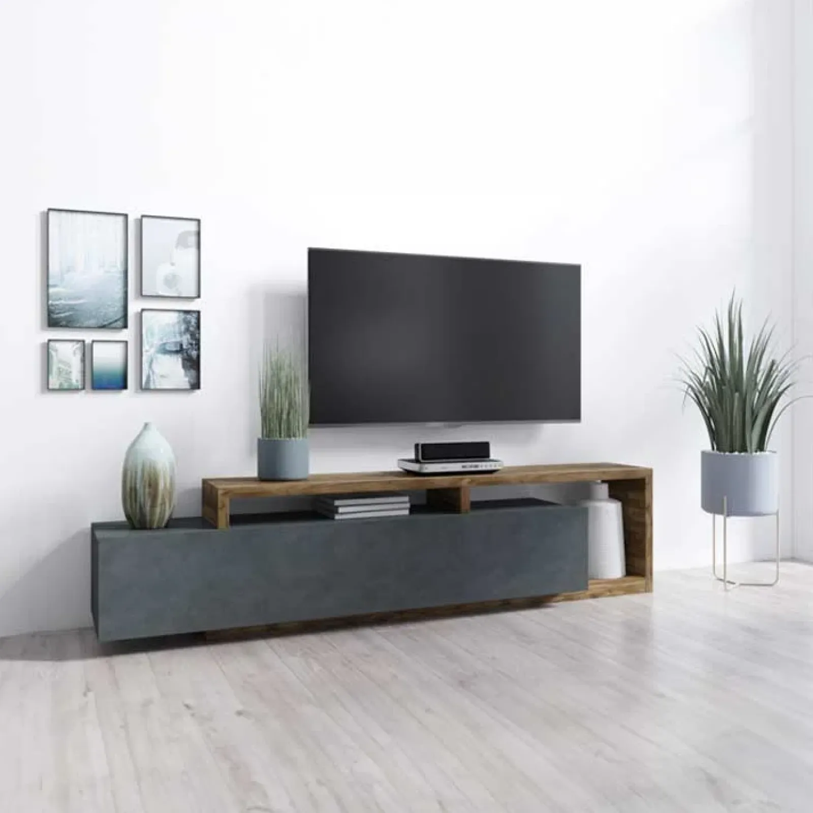 Garnero Arredamenti Mobile Tv Basso|Mobili Tv Moderni-Mobile porta TV 219x52h cm moderno soggiorno antracite spatolato noce Megan Gihome® Antracite - Noce