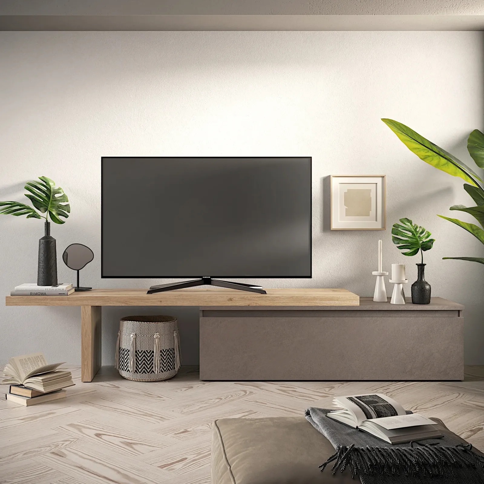 Garnero Arredamenti Mobile Tv Basso|Mobili Tv Moderni-Mobile porta tv 230x150h cm moderna marrone rovere chiaro Sunset 95