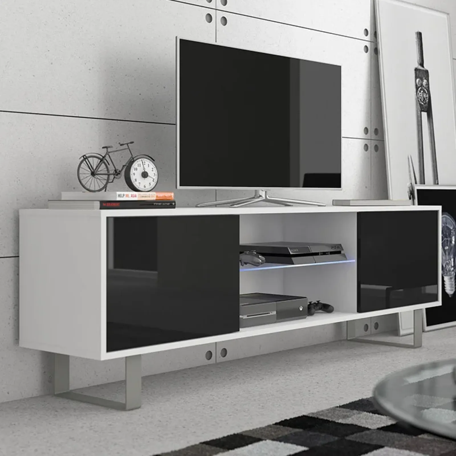 Garnero Arredamenti Mobile Tv Basso|Mobili Tv Moderni-Mobile porta TV 160x53h cm moderno bianco opaco nero lucido Kelli Bianco Opaco - Nero Lucido