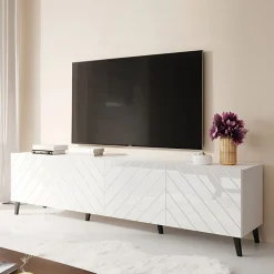 Garnero Arredamenti Mobile Tv Basso|Mobili Tv Moderni-Mobile porta TV 200x52h cm moderno con frontale decorato Placida Bianco Lucido