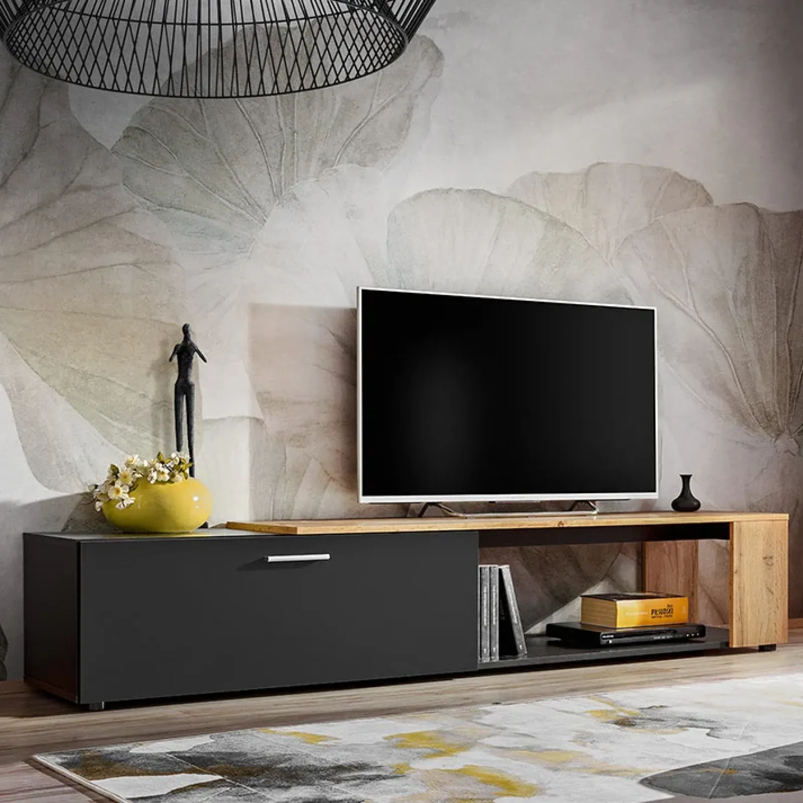 Garnero Arredamenti Mobile Tv Basso|Mobili Tv Moderni-Mobile porta TV 200x39h cm moderno nero opaco rovere Caravaggio Nero Opaco - Rovere Rustico