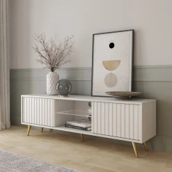 Garnero Arredamenti Mobile Tv Basso|Mobili Tv Moderni-Mobile porta TV 135x45h cm moderno 2 ante bianco cannettato Celestia Bianco Opaco