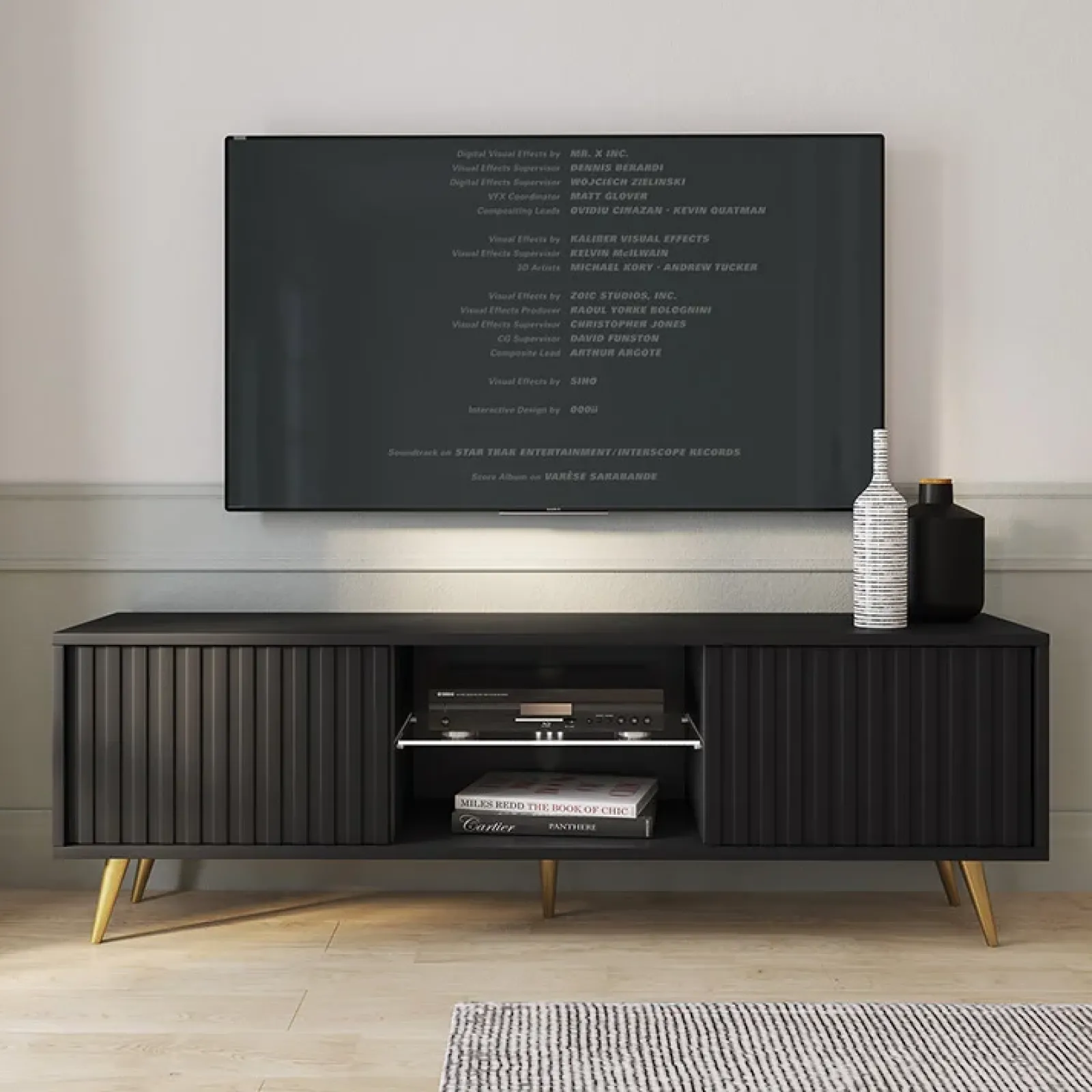 Garnero Arredamenti Mobile Tv Basso|Mobili Tv Moderni-Mobile porta TV 135x45h cm moderno 2 ante nero cannettato Celestia Nero Opaco