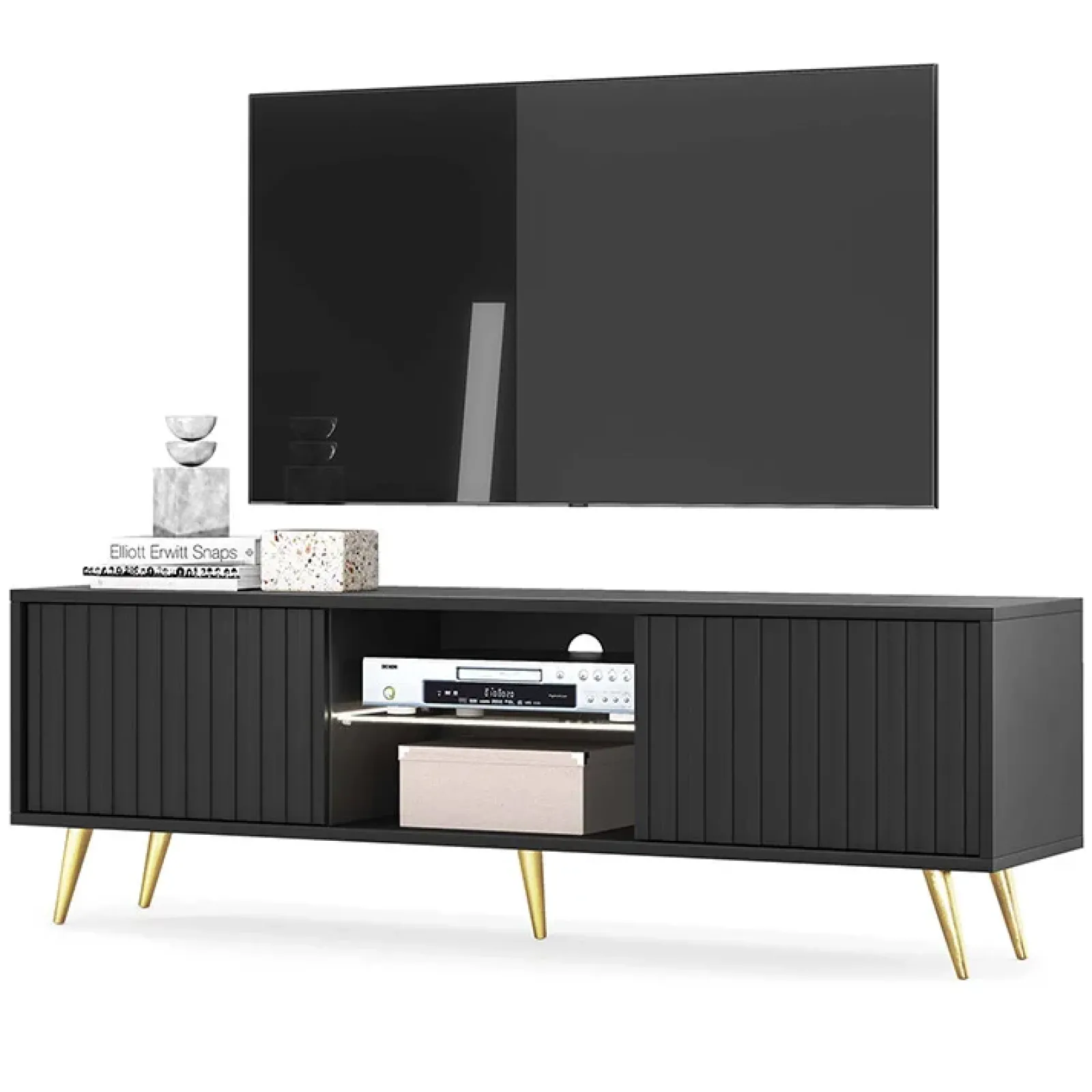 Garnero Arredamenti Mobile Tv Basso|Mobili Tv Moderni-Mobile porta TV 135x45h cm moderno 2 ante nero cannettato Celestia Nero Opaco