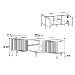 Garnero Arredamenti Mobile Tv Basso|Mobili Tv Moderni-Mobile porta TV 135x45h cm moderno 2 ante nero cannettato Celestia Nero Opaco