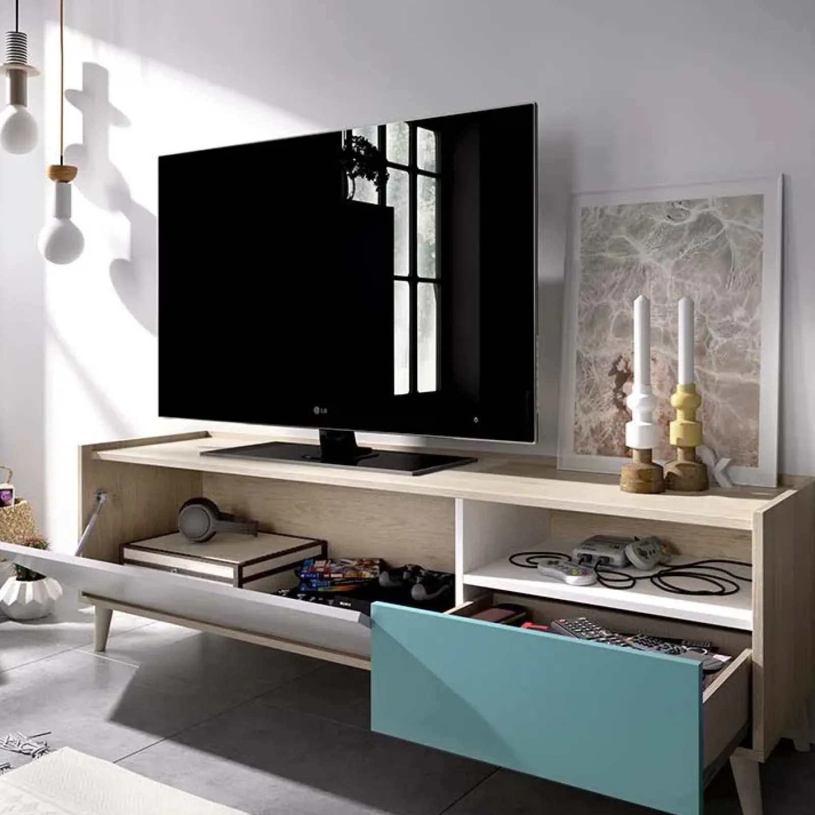 Garnero Arredamenti Mobile Tv In Legno|Mobile Tv Basso-Mobile porta TV 155x47h cm moderno rovere grigio bianco petrolio Dominic