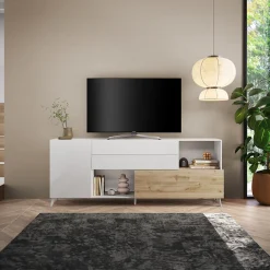 Garnero Arredamenti Credenze Moderne|Madie Moderne-Mobile porta tv 241x94h cm moderna bianco lucido rovere chiaro Witty Rovere - Bianco Lucido