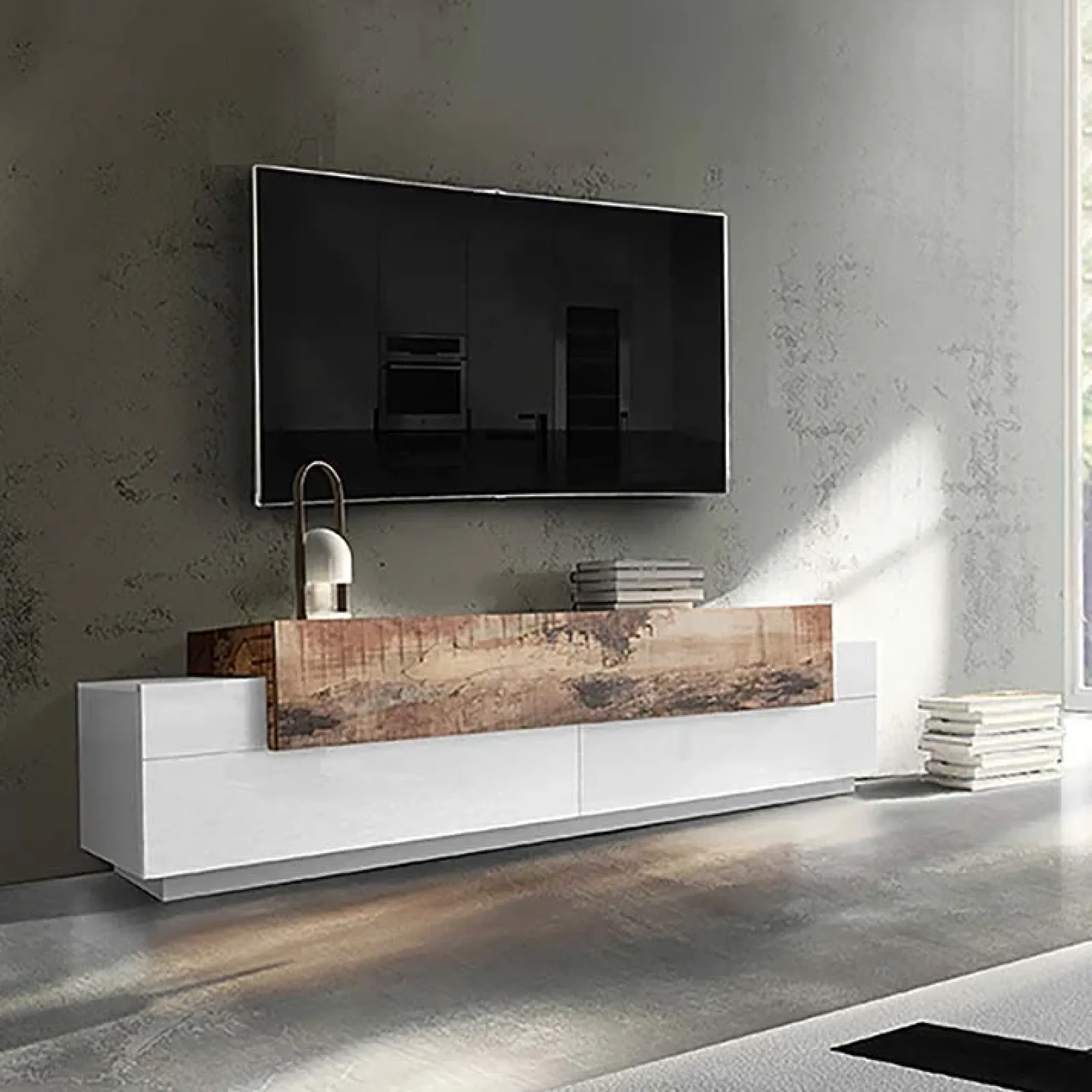 Garnero Arredamenti Mobile Tv Basso|Mobili Tv Moderni-Mobile porta TV 200x52h cm moderno soggiorno bianco pero Milos Gihome® Bianco Lucido - Rovere Rustico