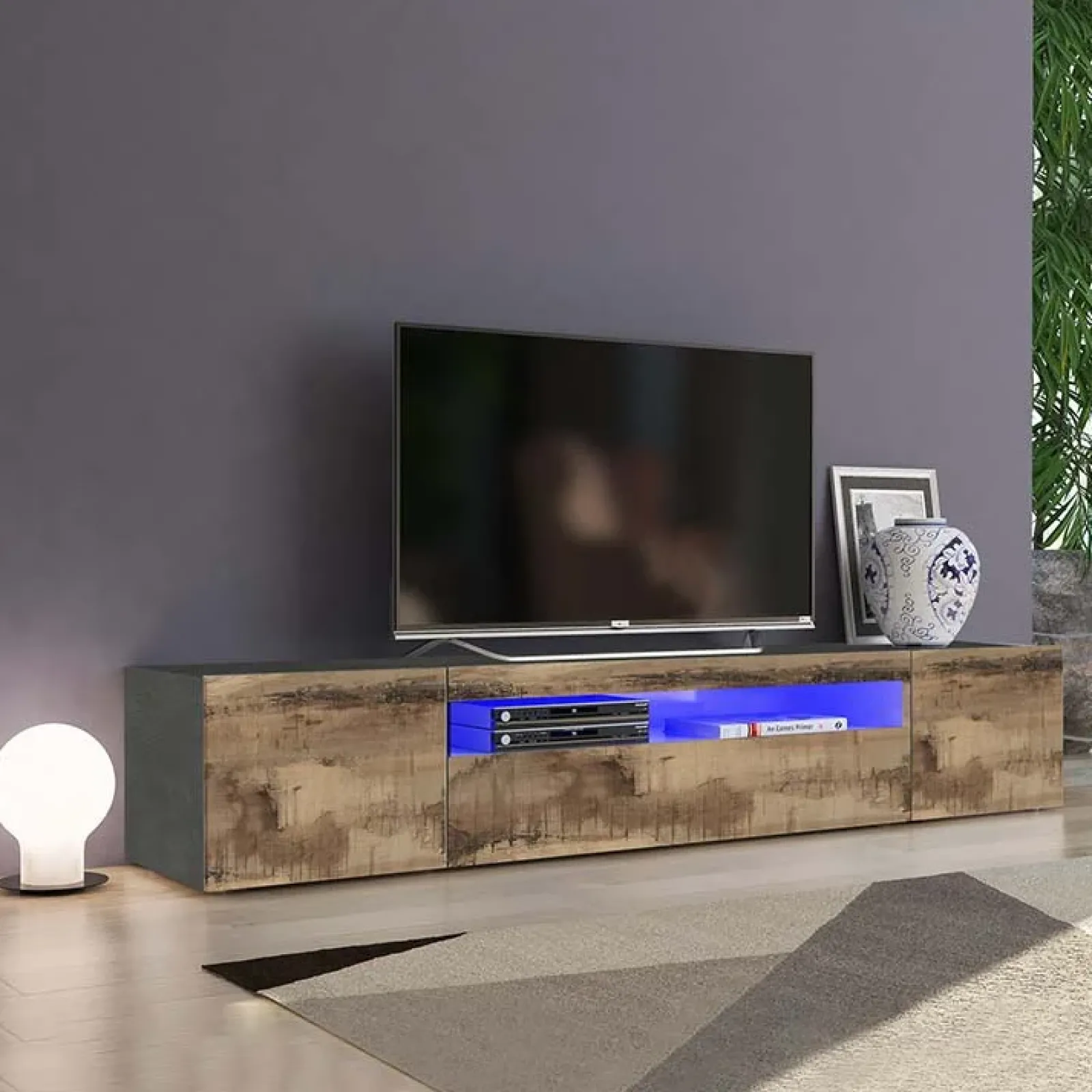 Garnero Arredamenti Mobile Tv Basso-Mobile porta TV 200x37h cm pero antracite Light Big Gihome® Rovere Rustico - Antracite
