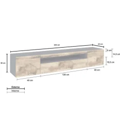 Garnero Arredamenti Mobile Tv Basso-Mobile porta TV 200x37h cm pero antracite Light Big Gihome® Rovere Rustico - Antracite